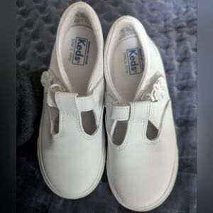 Keds White Girls' T-Strap Sneaker Shoe with Flower Accent